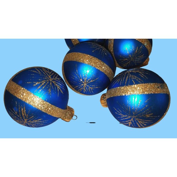 Set Of 5 Blue & Gold Glitter Christmas Ornaments - Picture 3 of 11